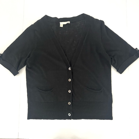 Eileen Fisher Linen Knit Top Short Sleeve Cardigan Sweater Tee Black Size Medium - Picture 1 of 12